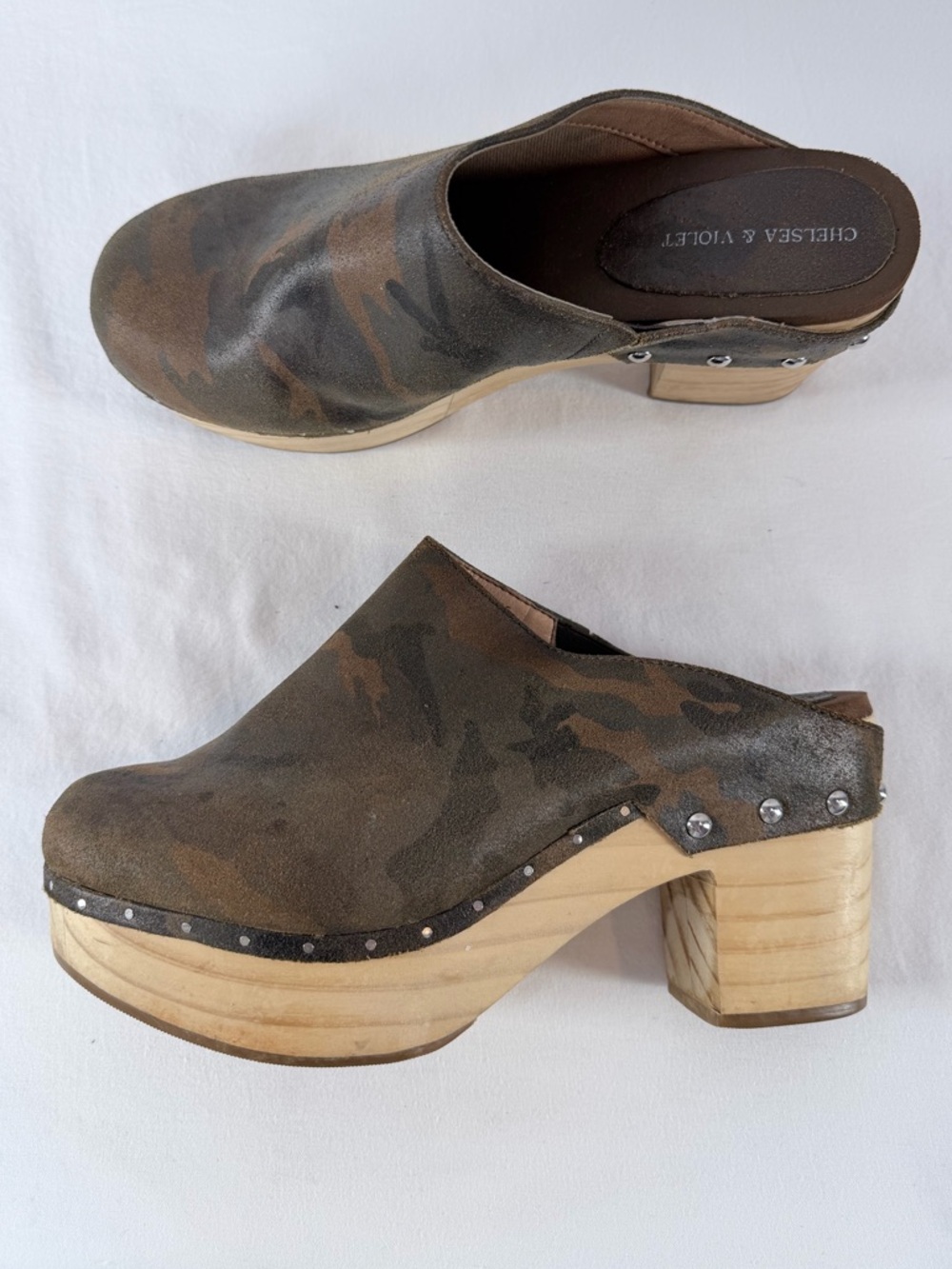 Chelsea & Violet Jana Camo Leather Wooden Clogs Brown Black Size‎ 9